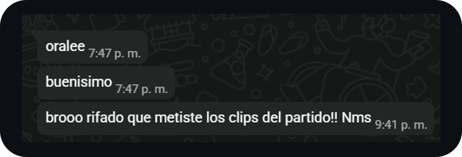 Óralee, buenísimo. Brooo rifado que metiste los clips del partido!! Nms